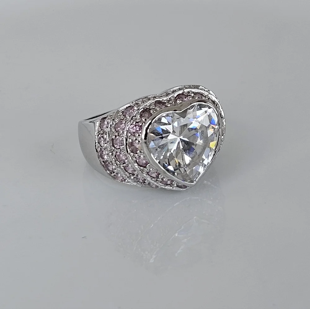 Perfect Heart Shaped Diamond & Pink Sapphire Simulant Ring Sterling Silver Sz 6! - Picture 4 of 6